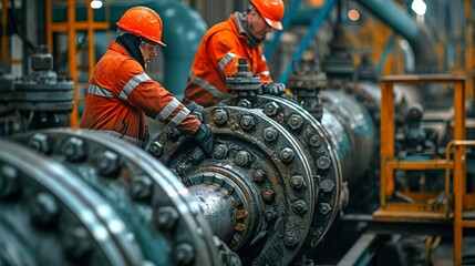 Workers in safety gear performing routine maintenance on a large oil extraction machine. [Workers in safety gear maintaining oil extraction machine