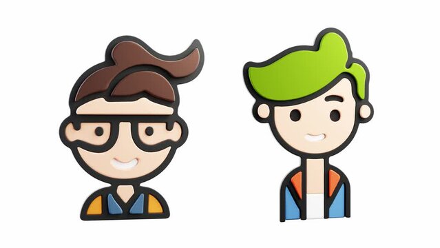 Colorful two funny cartoon characters with green and brown hairs rotating on the white background with transparent mask. 3D render loop animation.