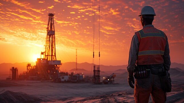 Engineer overseeing the drilling process at an oil well site in the desert. [Engineer overseeing drilling process in the desert