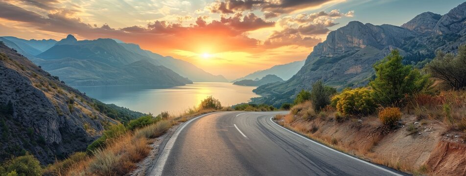 A Winding Road Through A Majestic Mountain Pass Leads To A Tranquil Lake Surrounded By Towering Trees, Under A Colorful Sky At Sunrise And Sunset