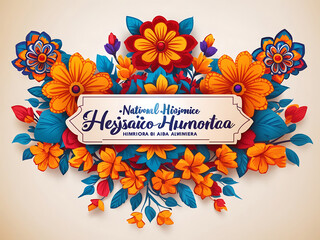 National Hispanic Heritage Month banner with flower pattern ornament, vector background. Latin American art, culture and traditions of Hispanic heritage in Huichol designs. - obrazy, fototapety, plakaty