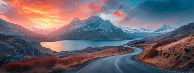 Immersed in the ever-changing beauty of nature, a winding road leads through the majestic mountain range, with the sky ablaze in vibrant hues of sunrise and sunset over the tranquil lake below - obrazy, fototapety, plakaty