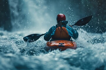 Woman with paddle and helmet kayaking in whitewater. Concept adventure, sport - obrazy, fototapety, plakaty