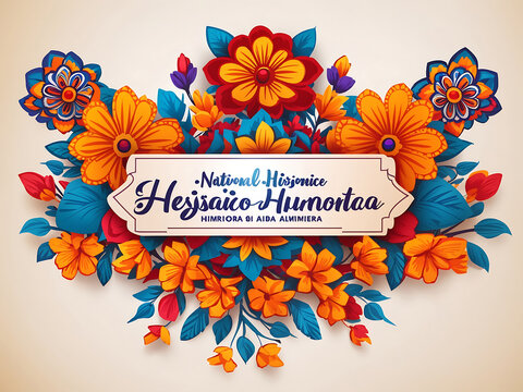 National Hispanic Heritage Month banner with flower pattern ornament, vector background. Latin American art, culture and traditions of Hispanic heritage in Huichol designs.