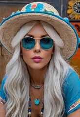 A woman with blonde hair and sunglasses wears a colorful hat and a patterned top.