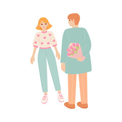 Beautiful happy couple of young woman and man. Gifting a bouquet of flowers. Romantic illustration of people dating and in love. Valentine's day cartoon vector illustration