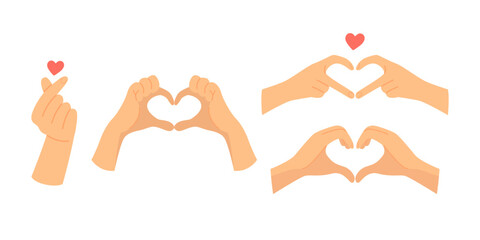 Set of hand gestures of finger heart. Love symbol and hand sign for love. Valentine's day cartoon vector illustrations isolated on white background