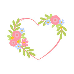 Flower arrangement with green leaves in heart shape. Love symbol and gift for Valentine's day. Floral vector illustration Cartoon element for holiday patterns, packaging, designs