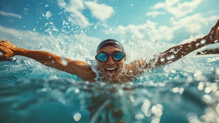 Swimmer emerging from the water with a triumphant pose, celebrating a successful swim. [Swimmer emerging from water with triumphant pose
