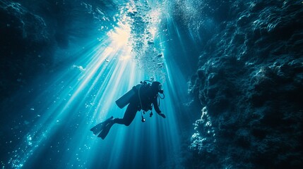 Scuba diver descending into the depths with a powerful underwater flashlight, creating a beam of light. [Scuba diver descending with underwater flashlight - obrazy, fototapety, plakaty