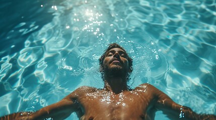Swimmer enjoying a serene moment of floating on their back in a calm and peaceful pool. [Swimmer floating on back in peaceful pool - obrazy, fototapety, plakaty