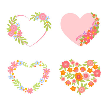 Set of flower arrangements with green leaves in heart shape. Love symbol and gift for Valentine's day. Floral vector illustration Isolated cartoon element for holiday patterns, packaging, designs
