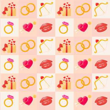 Geometric seamless pattern with heart, wedding and angagement rings, Cupid bow with arrow and lipstick kiss. Valentine's day cartoon illustration background