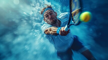 Dynamic shot of a tennis player executing a powerful overhead smash, capturing the athleticism of the sport. [Tennis player executing powerful overhead smash