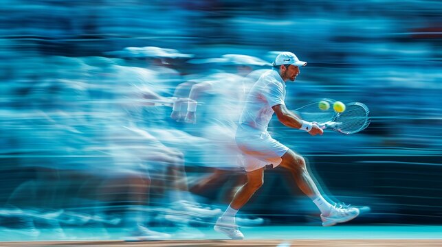 Artistic shot of tennis players in action, capturing the fluidity and grace of their movements on the court. [Artistic shot of tennis players in action