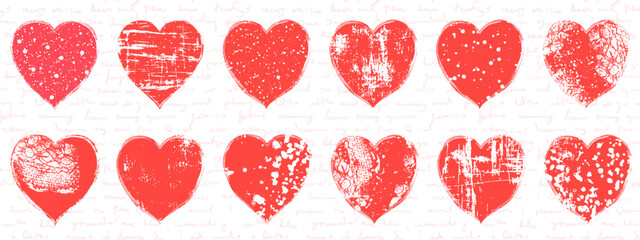 Vector set with various painted heart shapes with different textures, lace, dots, splatter, speckled for wedding and Valentine's Day graphic design