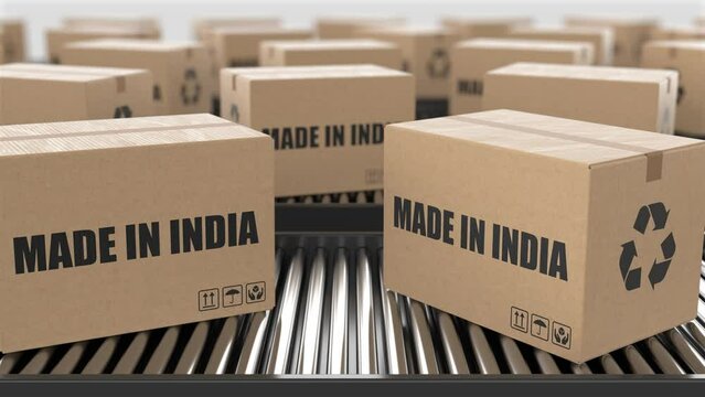 Cardboard boxes with Made in India text on roller conveyor. Factory production line warehouse. Manufacture export or delivery concept. 3D render animation. Seamless loop