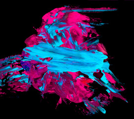 Vibrant, colorful and fluid abstract paint texture on a black background in a modern and contemporary style with shades of cyan, pink, magenta, blue, red, purple