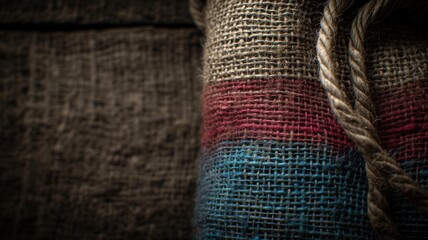 Close-up of burlap rolls with colored bands and a rope