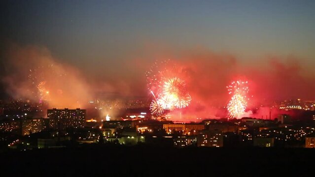 Beautiful bright fireworks show above Moscow at night