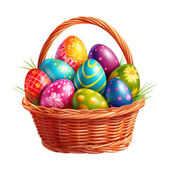 Colorful easter eggs in basket isolated on transparent background