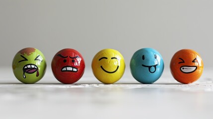 Easter eggs with smiley faces on white wooden background, closeup