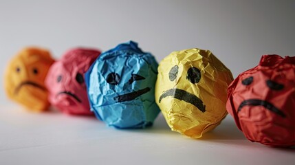 Crumpled paper with sad and sad faces on white background