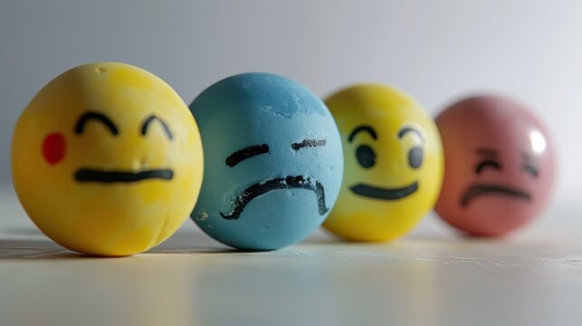 Colored painted eggs with smiley faces on a white background