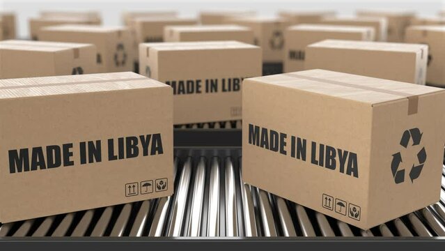 Cardboard boxes with Made in Libya text on roller conveyor. Factory production line warehouse. Manufacture export or delivery concept. 3D render animation. Seamless loop
