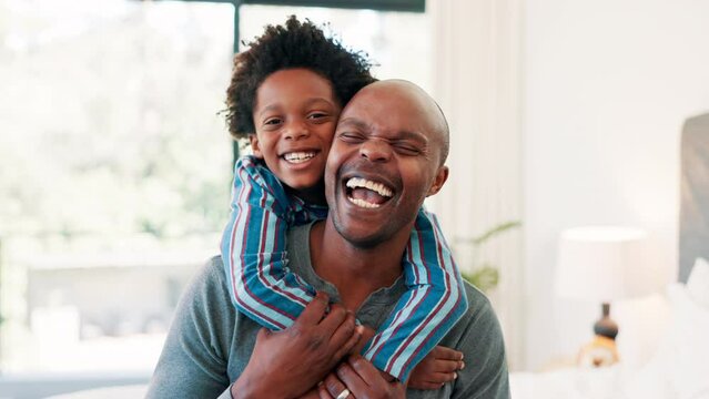 Smile, face or father with children to hug in home for care, safety or bond together to relax. Love, bedroom or happy single parent dad with fun kid for support, trust or comfort in a black family