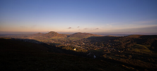 Landscape aerial view of Church Stretton and the Shropshire Hills from the Long Mynd