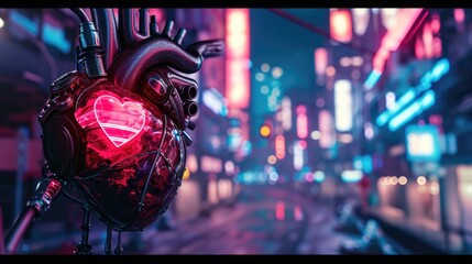 Generative AI, Robot heart in cyberpunk style, futuristic illustration. Love, feelings, romantic St. Valentine's Day concept.  - obrazy, fototapety, plakaty