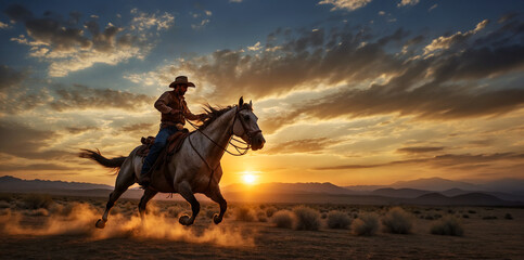 A lone cowboy and his trusty steed, silhouetted against the fiery orange and yellow hues of a...