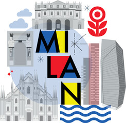 Typography word "Milan" branding technology concept. Collection of flat vector web icons. Italy culture travel set, famous architectures, specialties detailed silhouette. Italian famous landmark