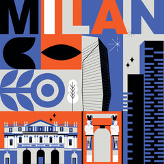 Typography word "Milan" branding technology concept. Collection of flat vector web icons. Italy culture travel set, famous architectures, specialties detailed silhouette. Italian famous landmark