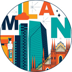 Typography word "Milan" branding technology concept. Collection of flat vector web icons. Italy culture travel set, famous architectures, specialties detailed silhouette. Italian famous landmark