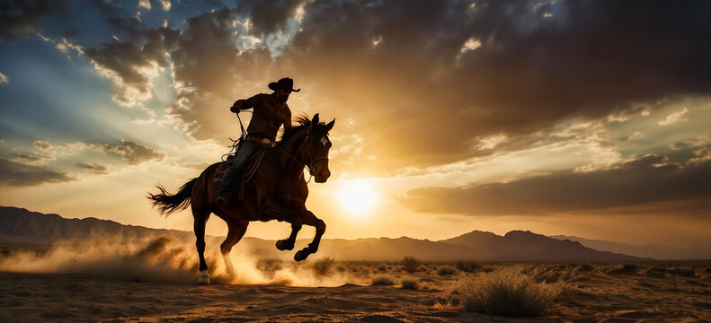 A lone cowboy and his trusty steed, silhouetted against the fiery orange and yellow hues of a desert sunset.