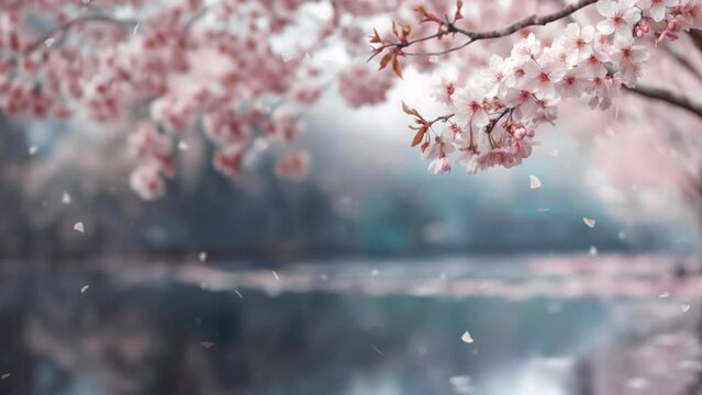 Japanese spring scenery. Cherry trees in full bloom, cherry blossom petals falling.