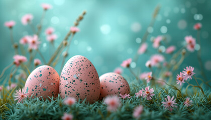 Fototapeta na wymiar Easter eggs with pink flowers on green grass with bokeh background