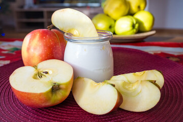 Healthy breakfast, Homemade yogurt with red wonderful apple. Diet food