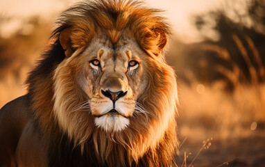 Naklejka premium majestic lion in the savannah, AI Generative.