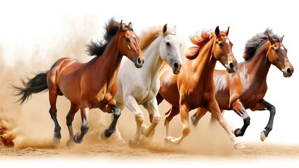 Five horses running in dust