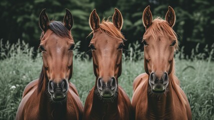 Three horses looking at the camera in a green field