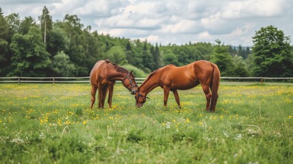 Naklejka na ściany i meble Two horses touching heads in a field of flowers