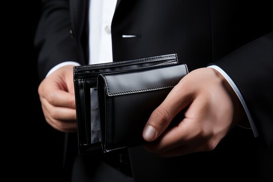 Close up of man s hands holding an empty wallet, depicting financial hardship and poverty