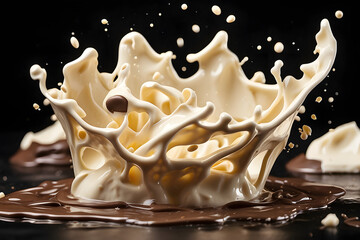 Splash white chocolate liquid and chocolate on dark background