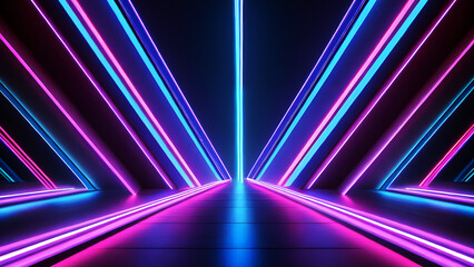 Captivating 3D Render background: Neon Slant Lights in Blue, Pink, and Purple - 80's Retro Style Fashion Show Stage with Ultraviolet Glow
