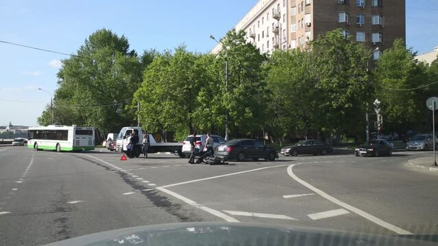 Car accident with bike on street In Moscow, Russia