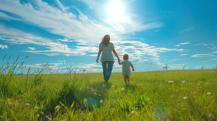 Mother and Child Enjoying a Summer Walk in Sunny Meadow