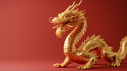 Fototapeta premium Golden Dragon Statue on a Deep Red Background Symbolizing Power and Myth - Chinese New Year